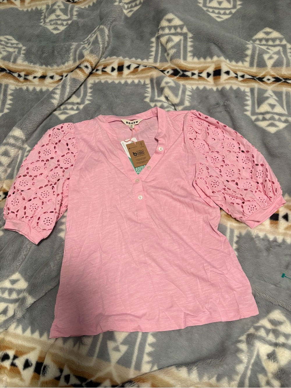 Boden Pink Eyelet Puff-Sleeve V-Neck Top